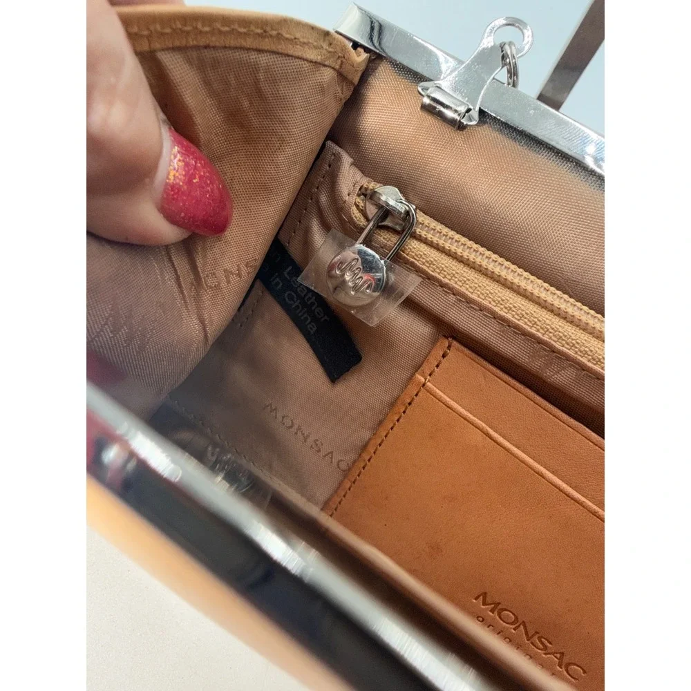 Monsac Vintage Tan Leather Kiss Lock Clutch Bag Silver Chain Strap Evening Purse